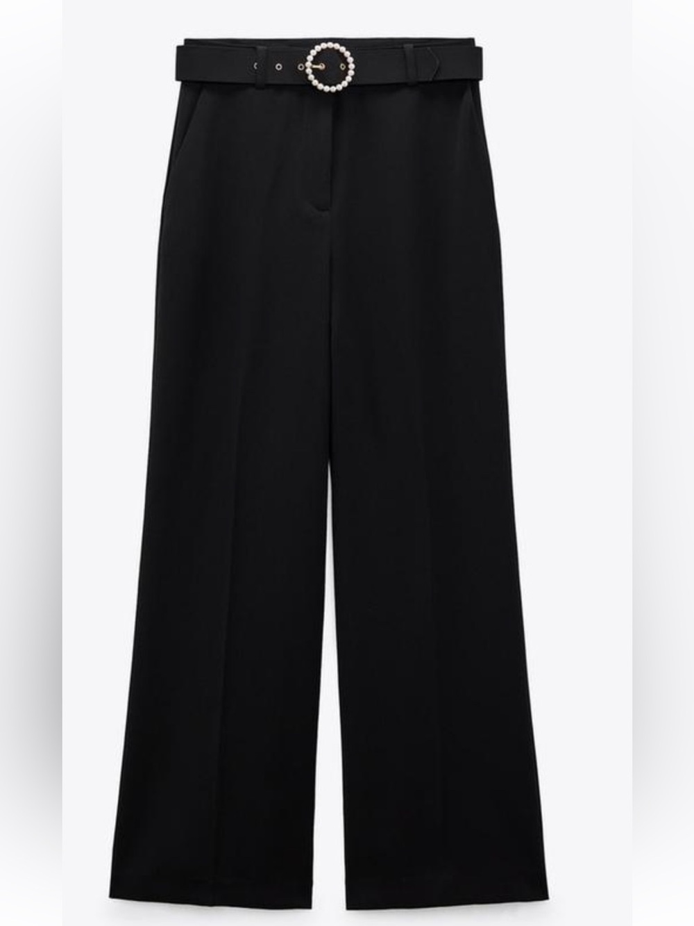 ZARA women’s Black Wide-Leg high rise trousers/pants with pearl Buckle Belt